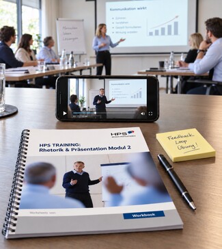 Präsentationstraining mit Videoaufzeichnung auf dem Smartphone, HPS Workbook und Feedback-Notizen im Seminarraum.
