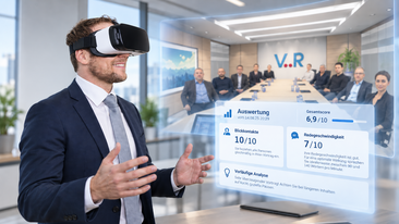 Teilnehmer in Businesskleidung trägt eine VR-Brille und übt eine Präsentation vor einem virtuellen Meetingraum; eingeblendet ist eine digitale Auswertung zu Blickkontakt, Redegeschwindigkeit und Gesamtscore.