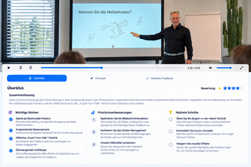 Präsentationstraining mit Videoanalyse und KI-gestütztem Feedback zu Stärken, Verbesserungsmöglichkeiten und nächsten Schritten.